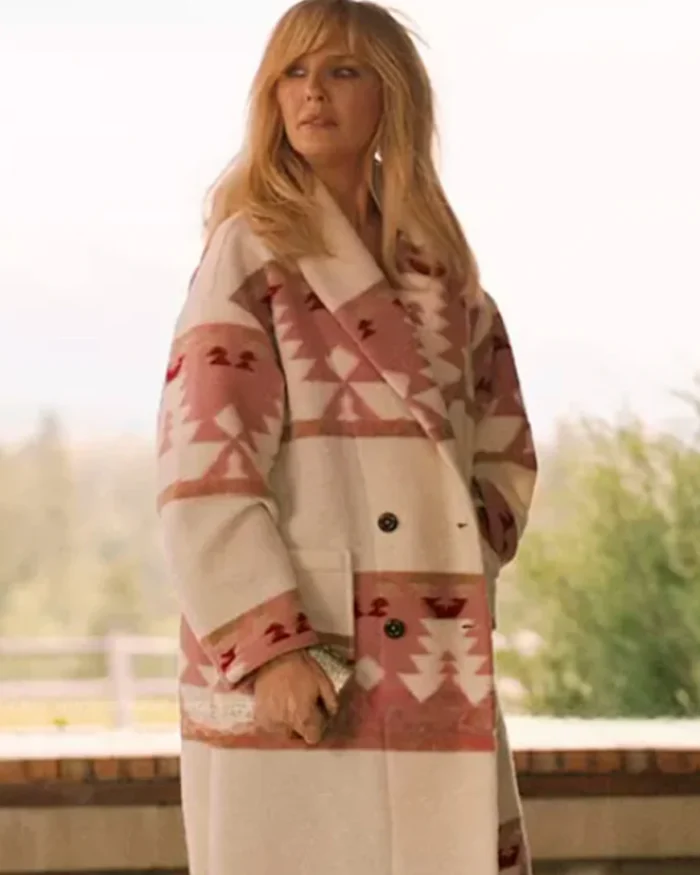 Model wearing beth dutton yellowstone pink printed coat