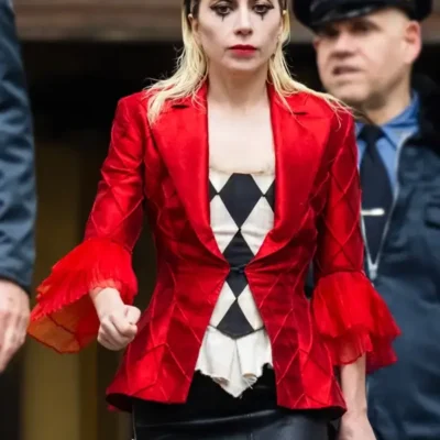 Model wearing joker 2 lady gaga red blazer