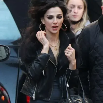 Model wearing marisa abela back to black 2024 leather jacket