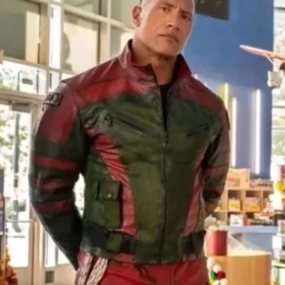 Dwayne johnson red one leather jacket front view