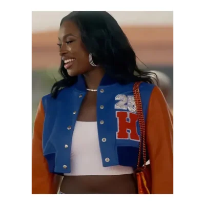 Coco jones bel-air s03 crop varsity jacket front view